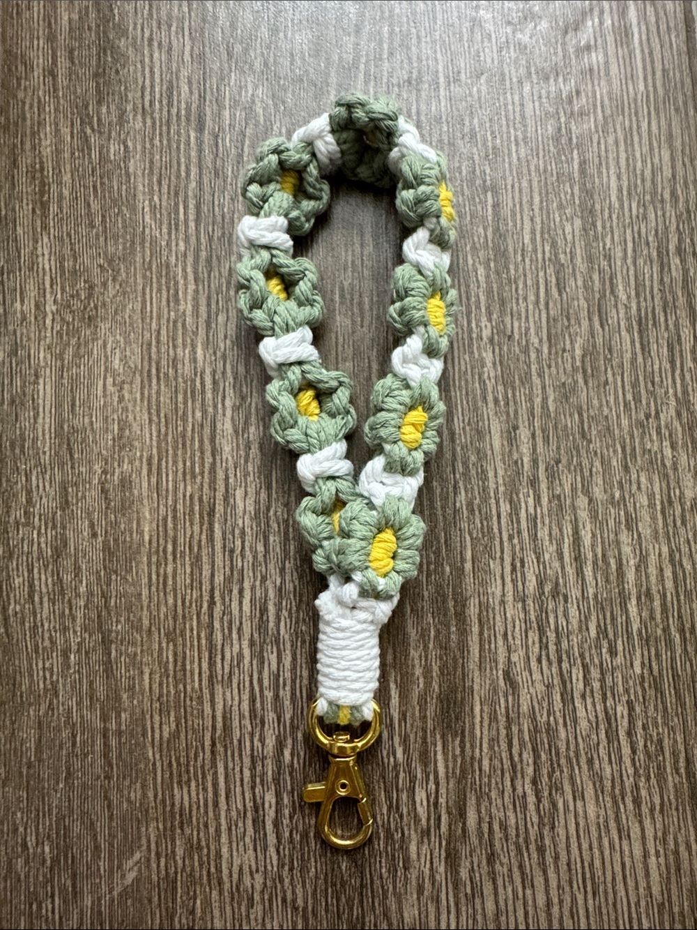 Handmade Green & White Crochet Floral Wristlet with Gold Clip